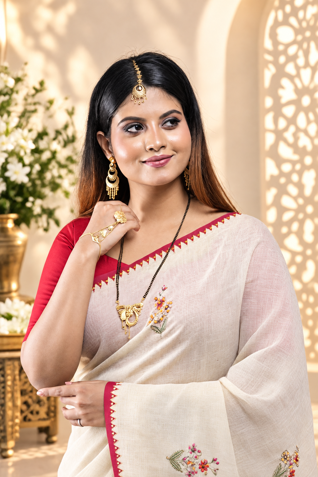 Mudrika – White Katan Cotton Silk Saree