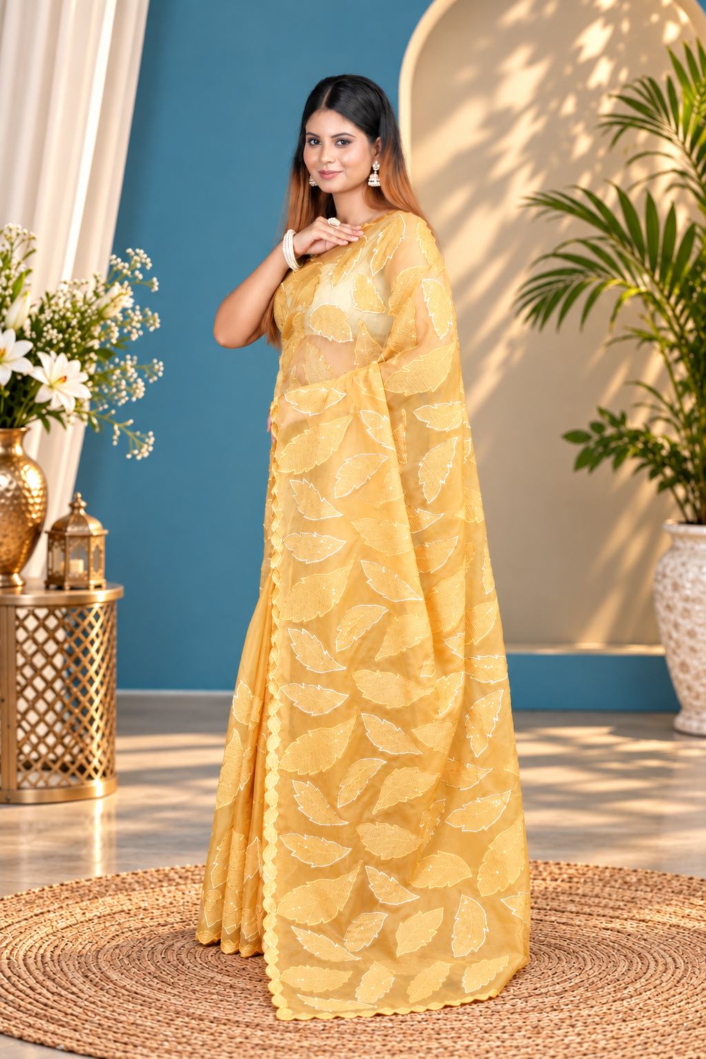 Parna – Yellow Crepe Organza Silk Saree