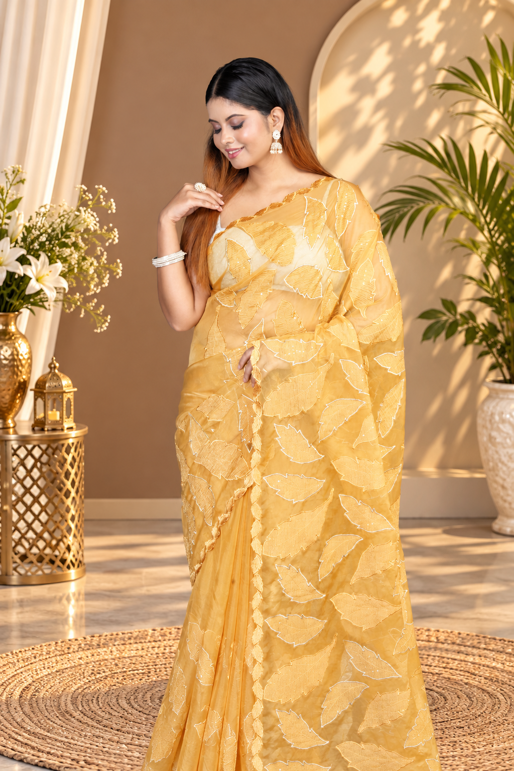 Parna – Yellow Crepe Organza Silk Saree
