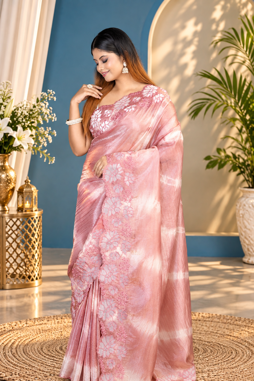 Leheriya – Peach Crepe Tissue Silk Saree