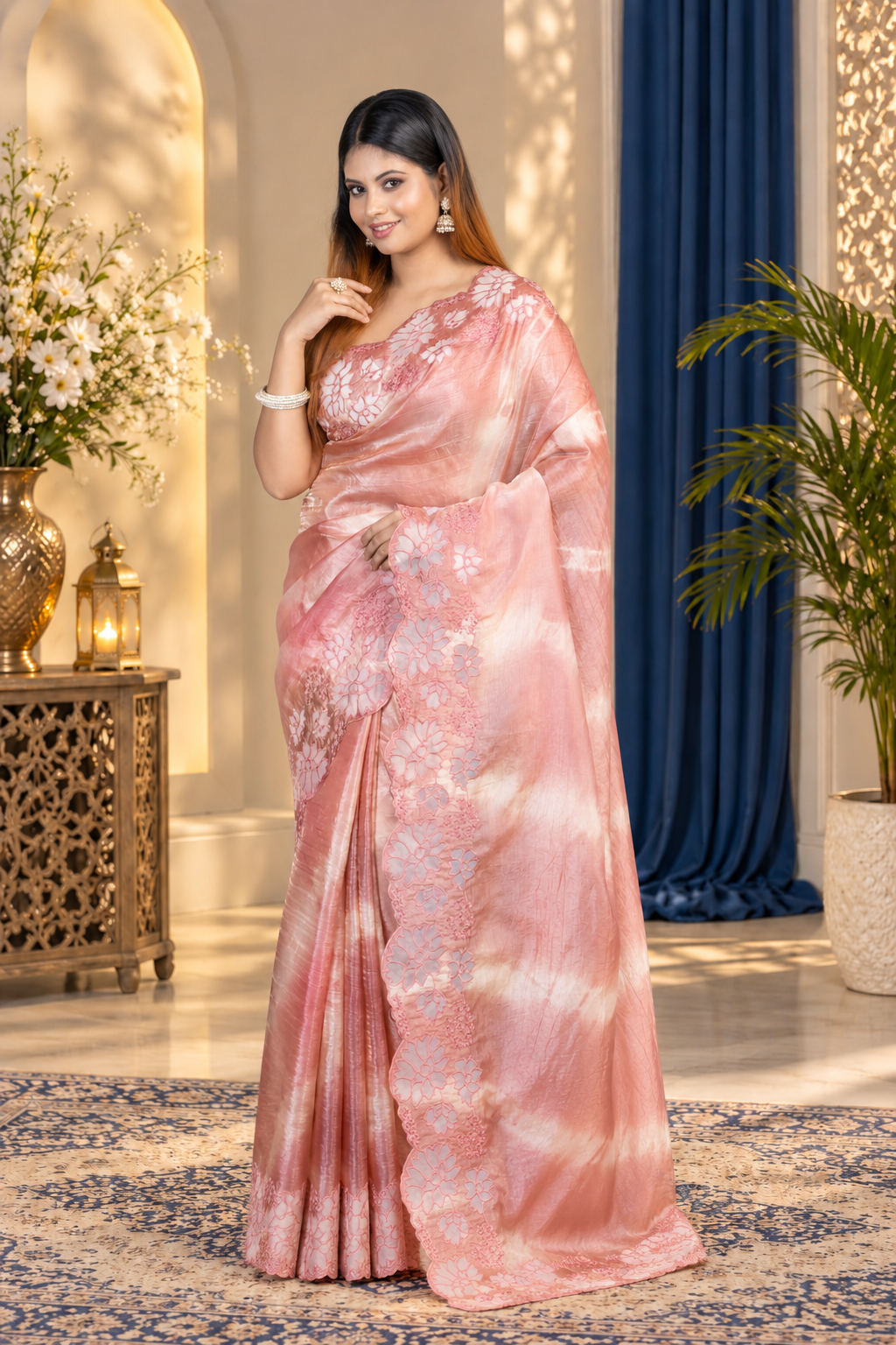 Leheriya – Peach Crepe Tissue Silk Saree