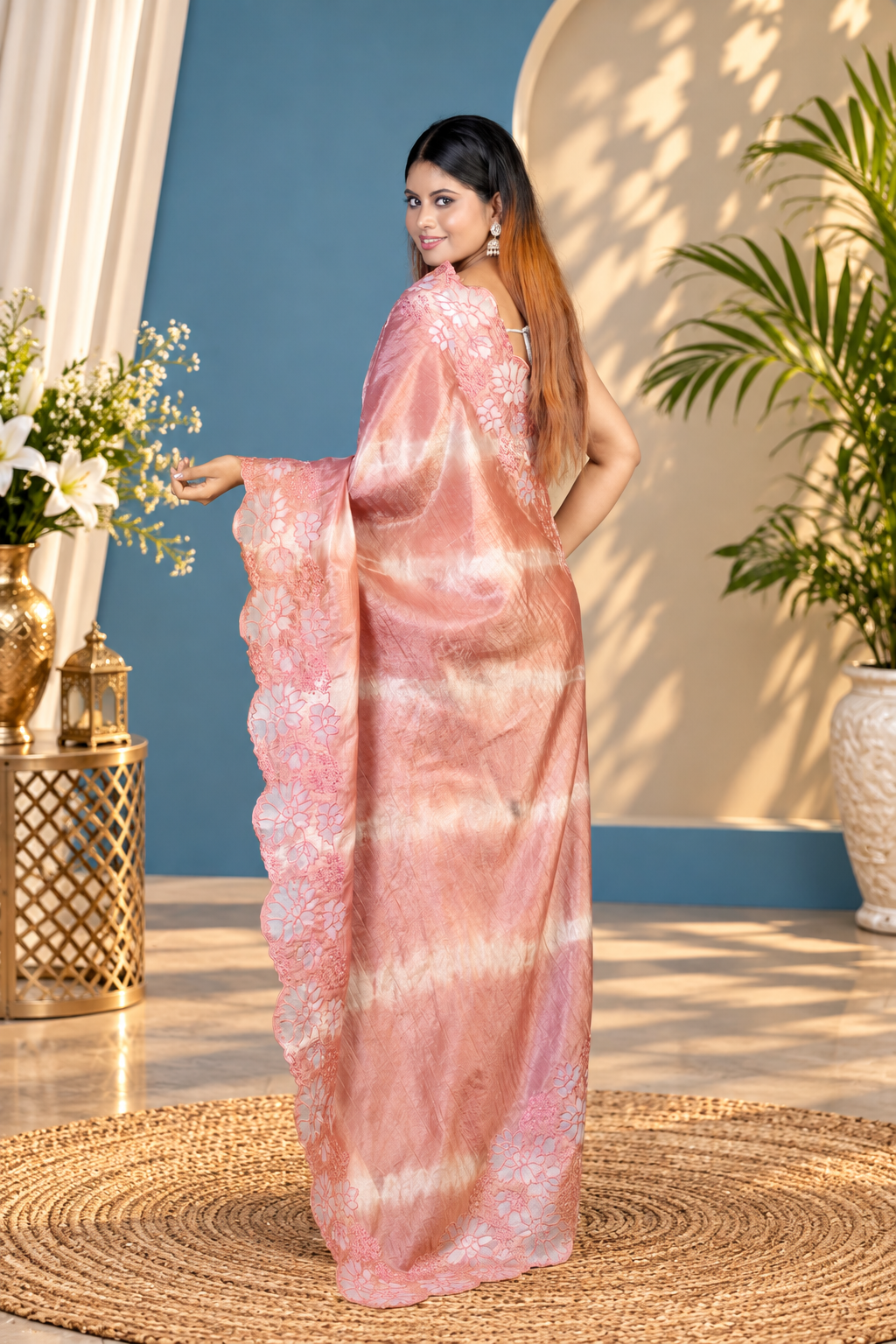 Leheriya – Peach Crepe Tissue Silk Saree