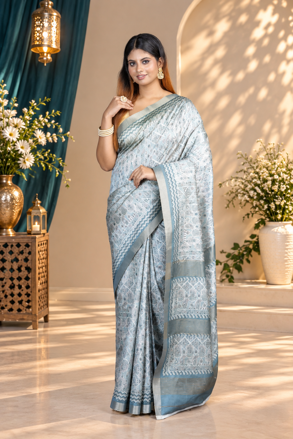 Intricate Pattern – Blue Katan Silk Saree