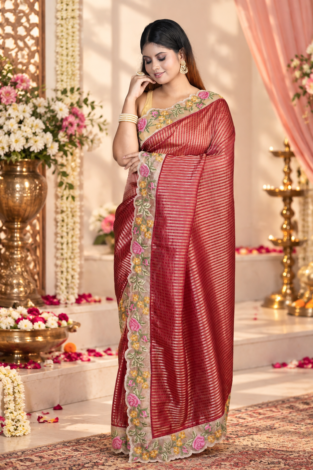 Floral Thread Work – Red Stripe Patten Saree