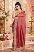 Floral Thread Work – Red Stripe Patten Saree