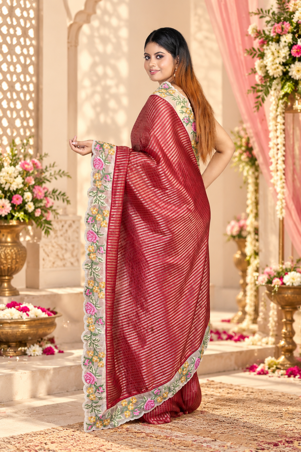 Floral Thread Work – Red Stripe Patten Saree