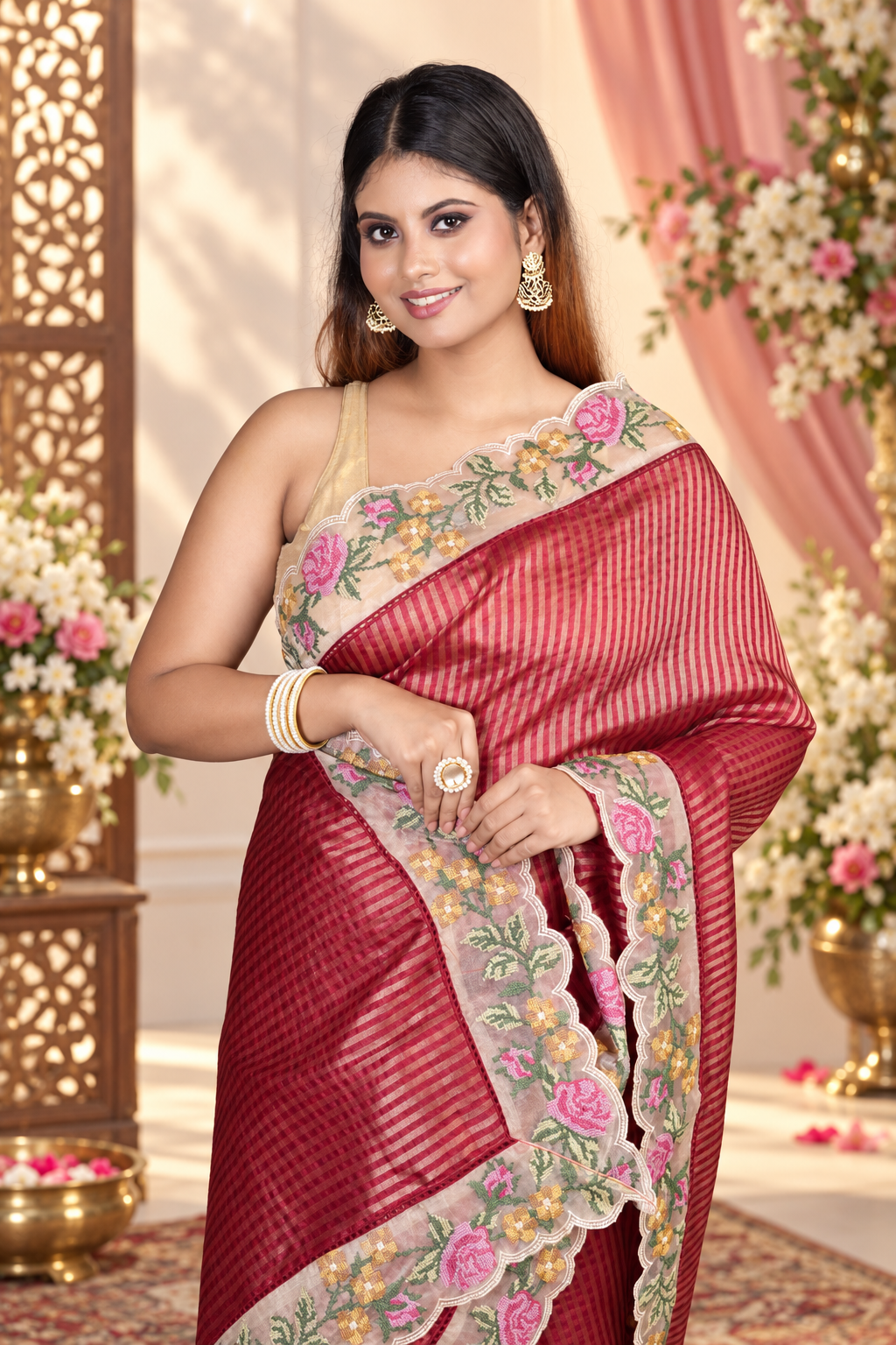 Floral Thread Work – Red Stripe Patten Saree