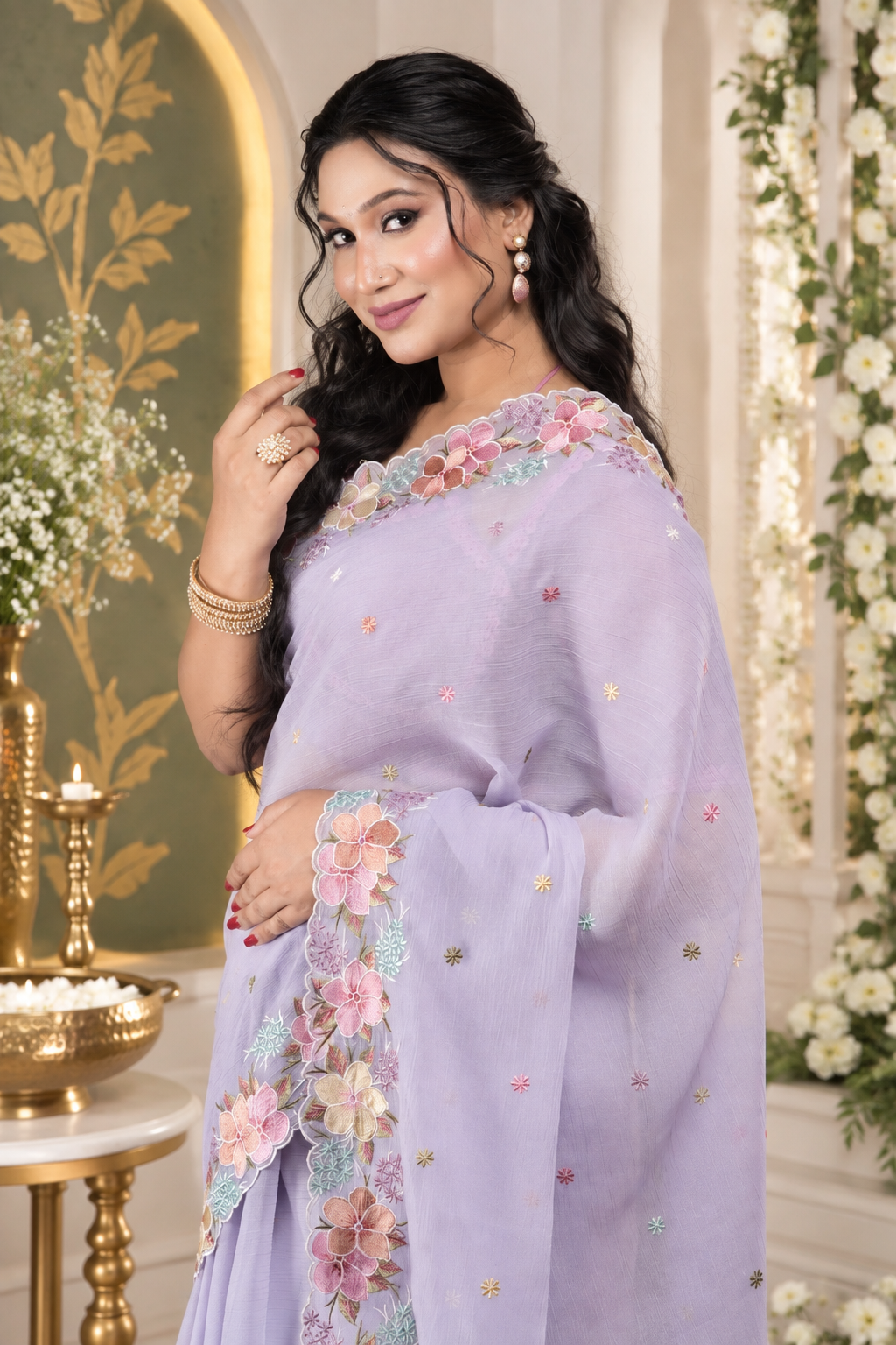 Floral Thread Work – Lavender Saree
