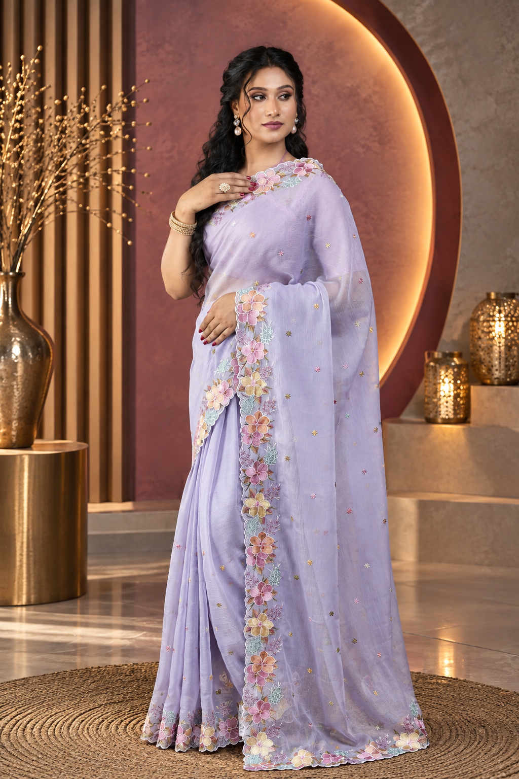 Floral Thread Work – Lavender Saree