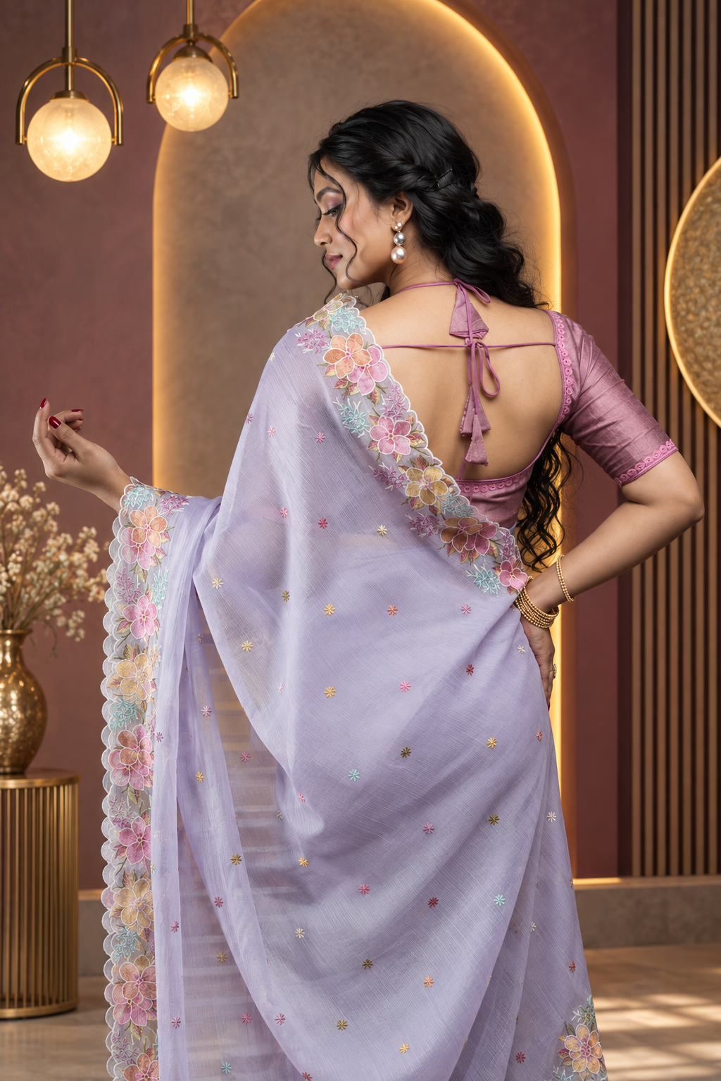 Floral Thread Work – Lavender Saree