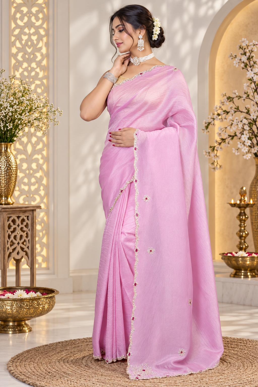 Gulal – Pink Crepe Tissue Silk Saree