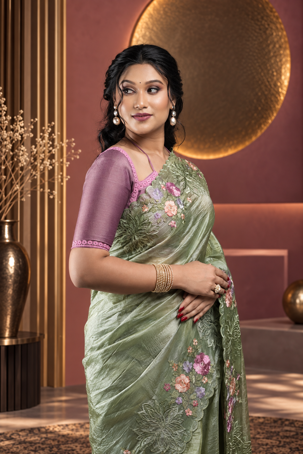 Leheriya – Green Crepe Tissue Silk Saree