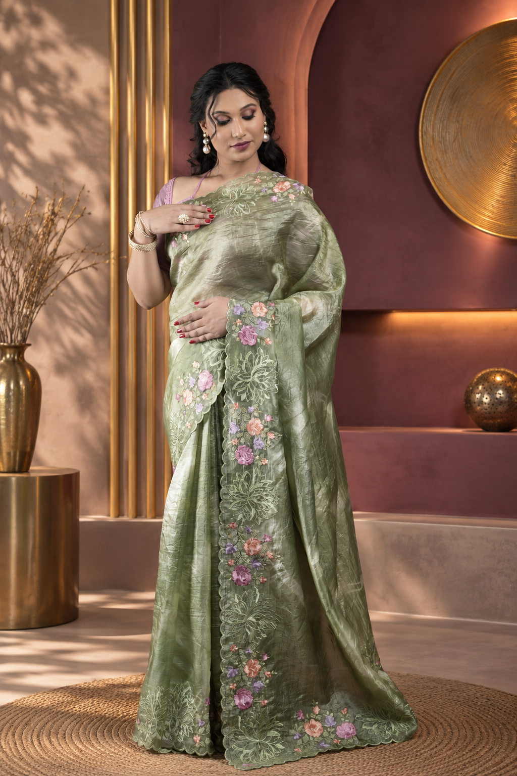 Leheriya – Green Crepe Tissue Silk Saree