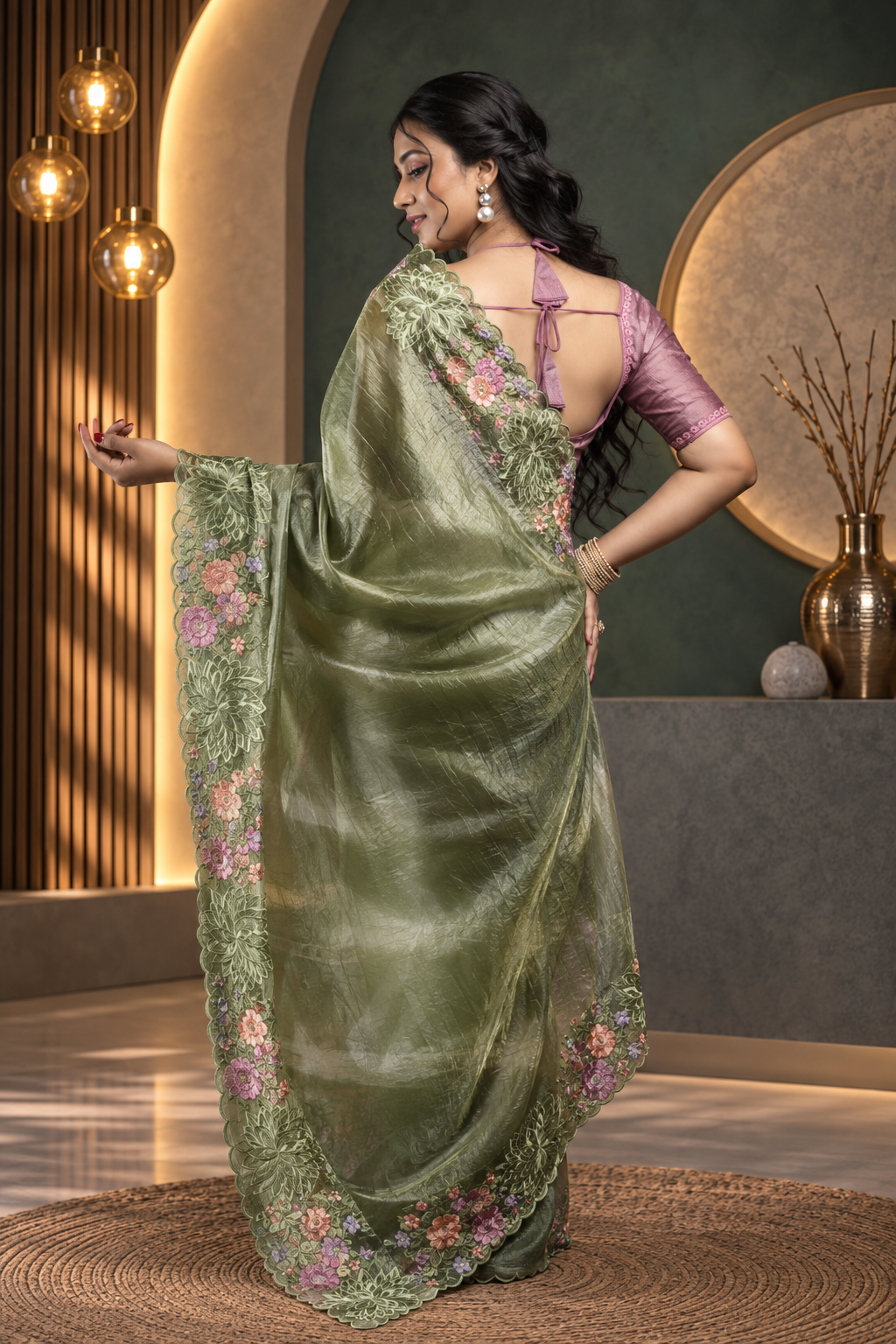 Leheriya – Green Crepe Tissue Silk Saree