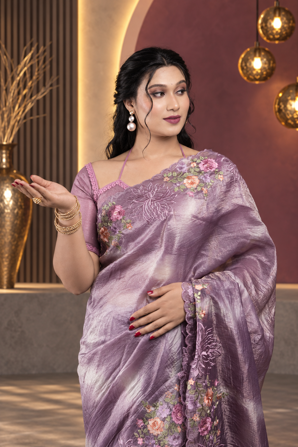Leheriya – Purple Crepe Tissue Silk Saree
