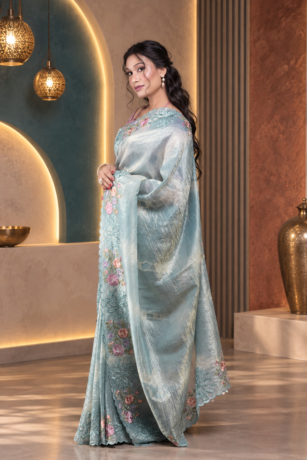 Leheriya – Sky Blue Crepe Tissue Silk Saree