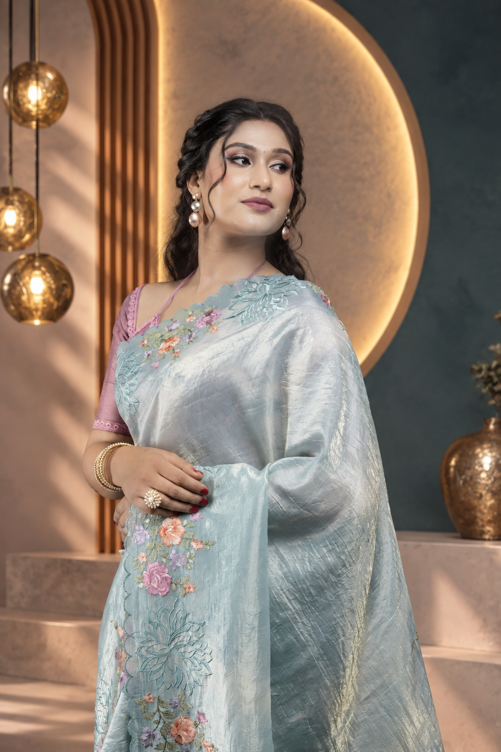 Leheriya – Sky Blue Crepe Tissue Silk Saree
