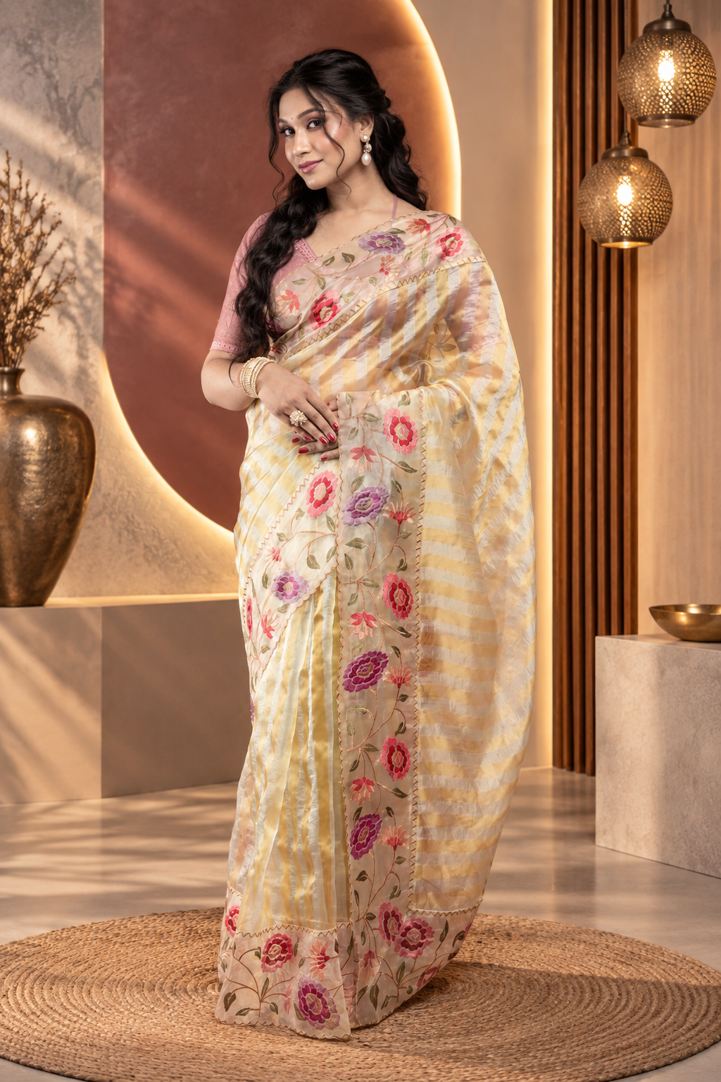 Floral Thread Work – Yellow Stripe Patten Saree