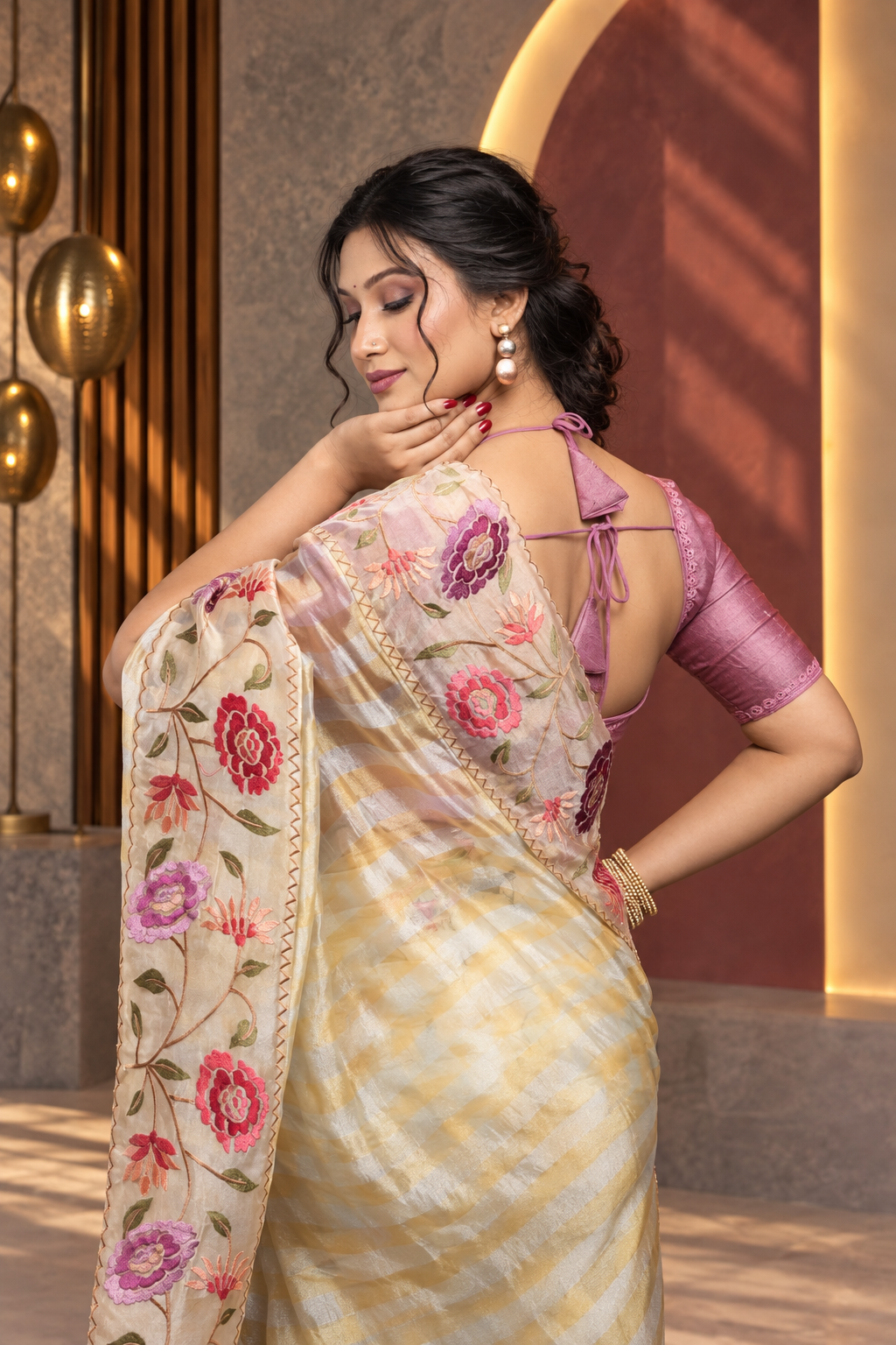 Floral Thread Work – Yellow Stripe Patten Saree