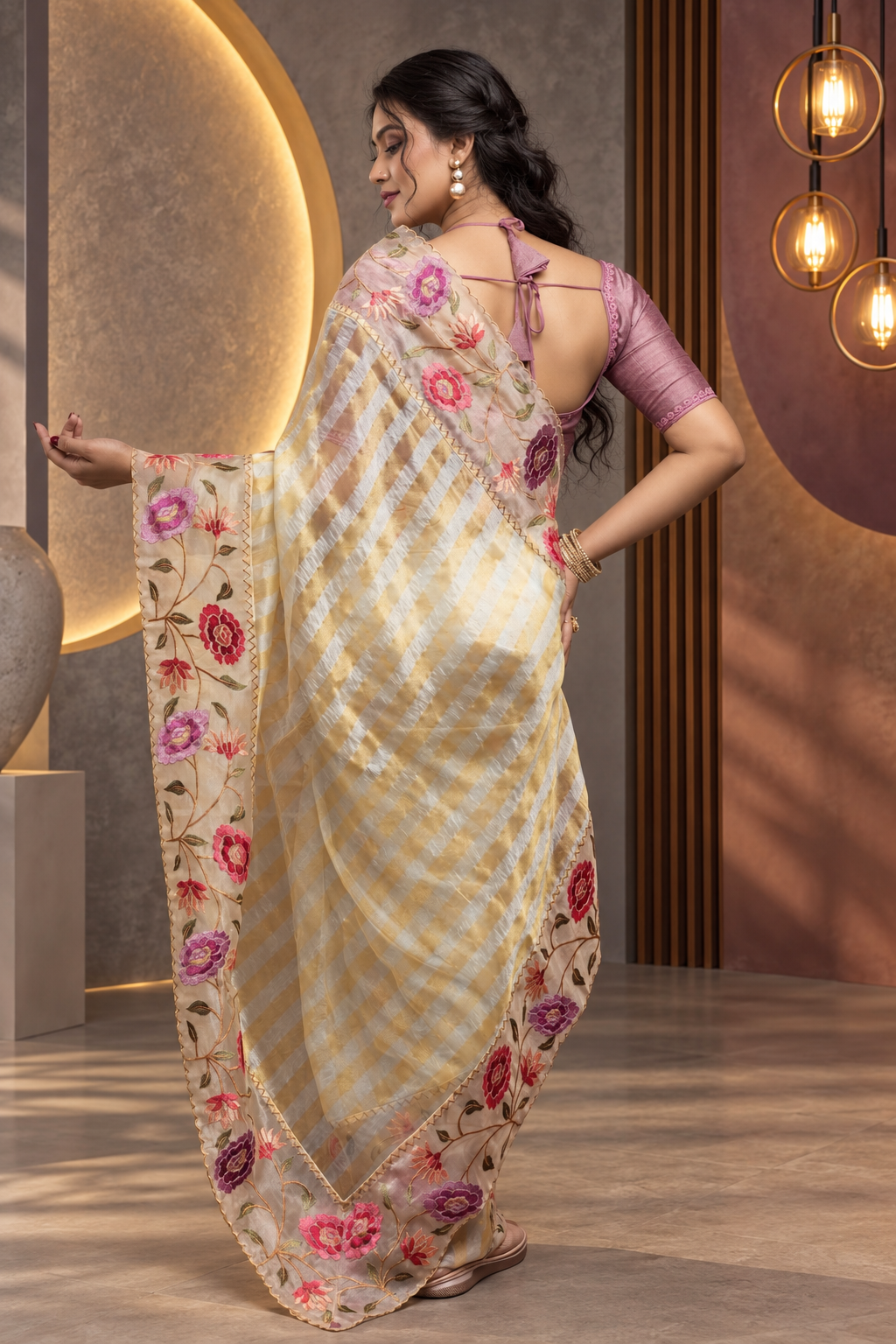 Floral Thread Work – Yellow Stripe Patten Saree