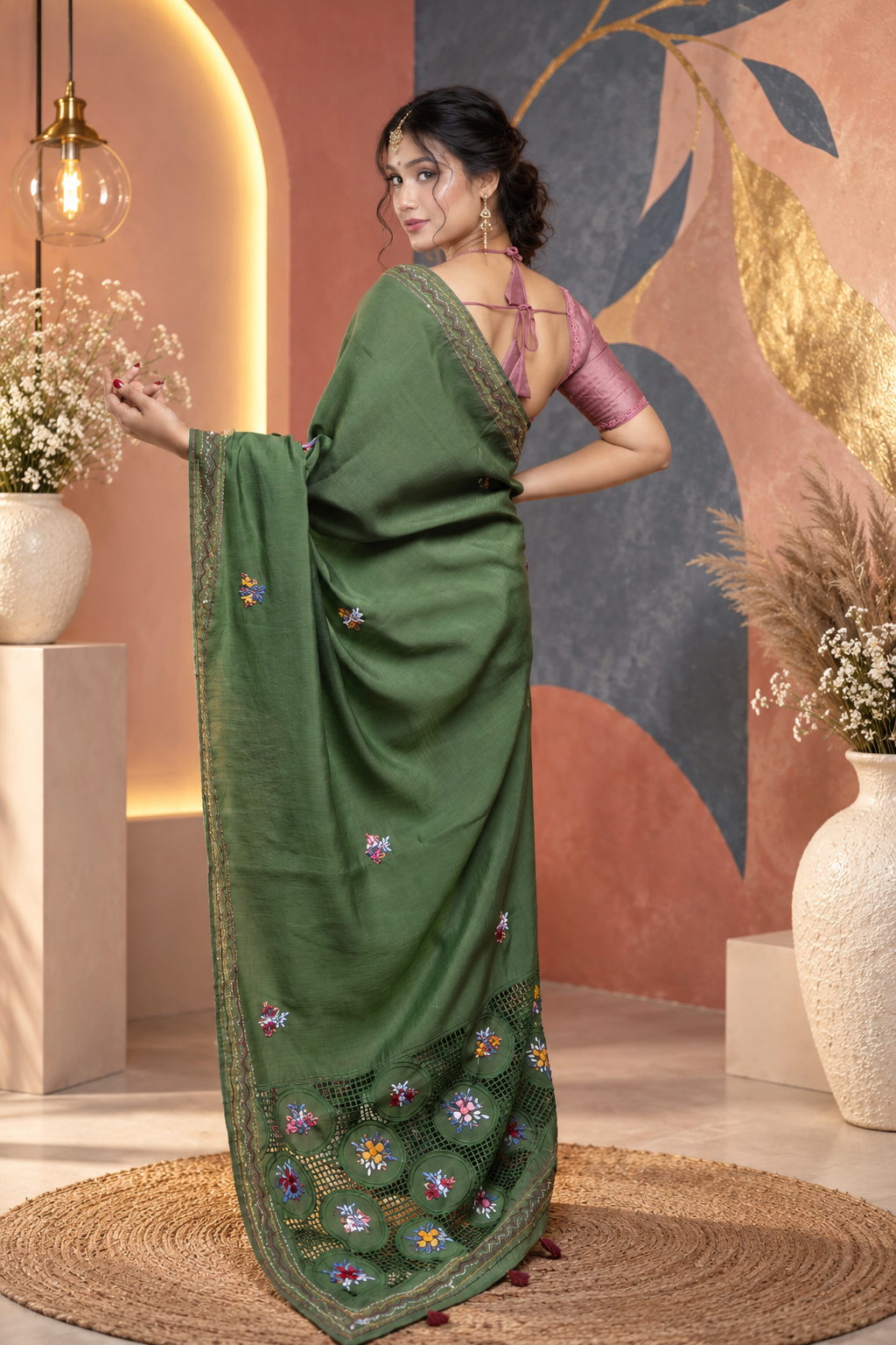 Cutwork – Green Katan Cotton Silk Saree