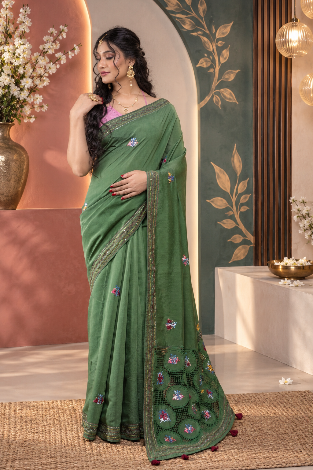 Cutwork – Green Katan Cotton Silk Saree