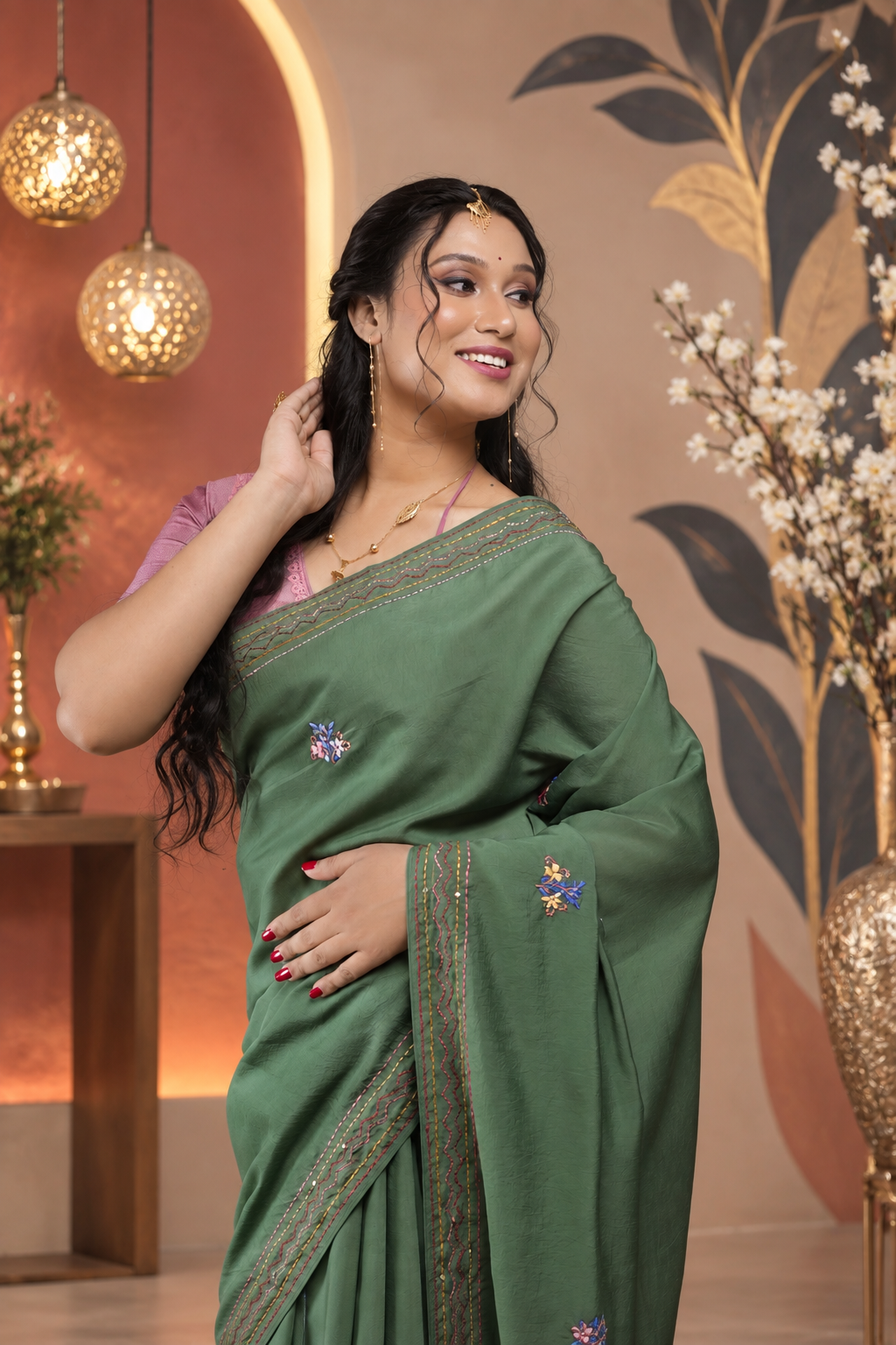 Cutwork – Green Katan Cotton Silk Saree