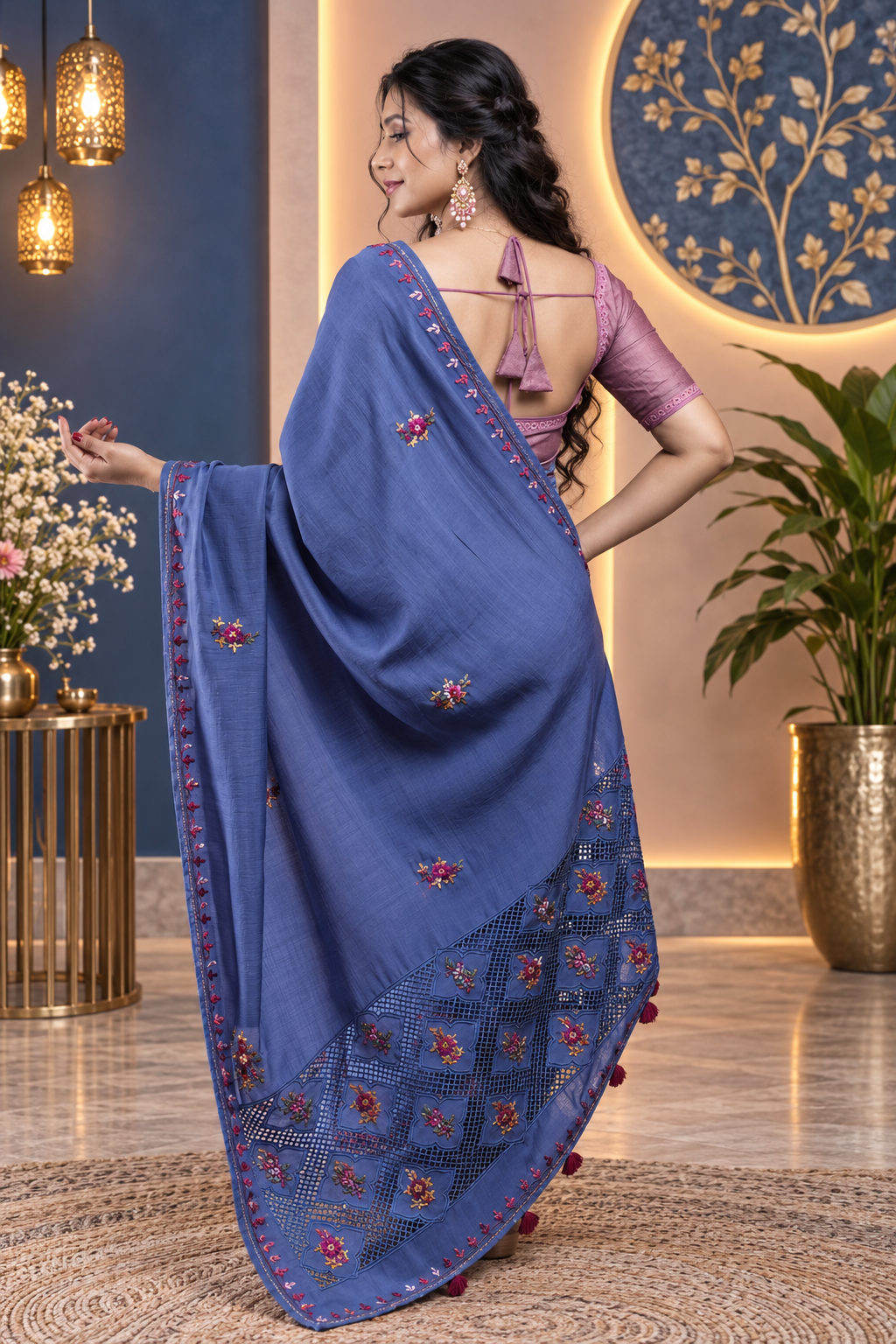 Cutwork – Blue Katan Cotton Silk Saree