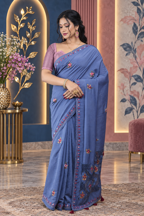 Cutwork – Blue Katan Cotton Silk Saree