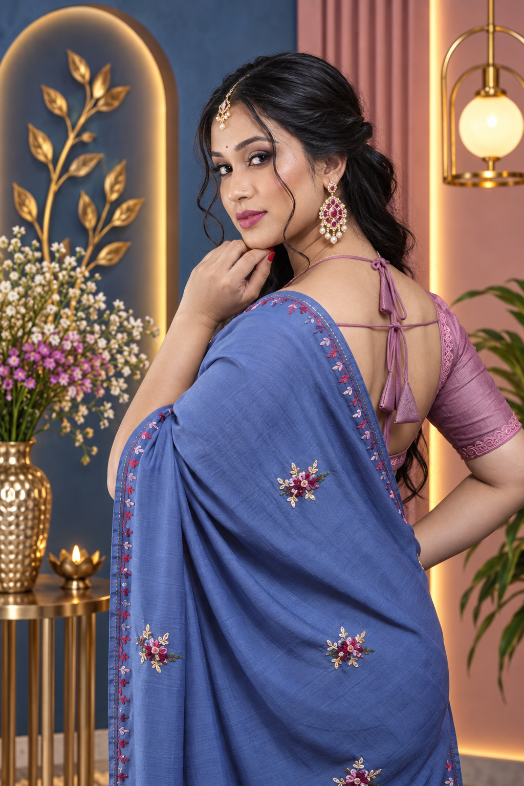 Cutwork – Blue Katan Cotton Silk Saree
