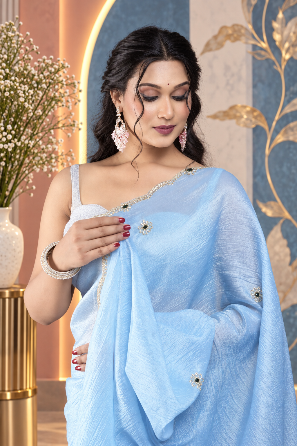 Navya – Sky Blue Crepe Tissue Silk Saree