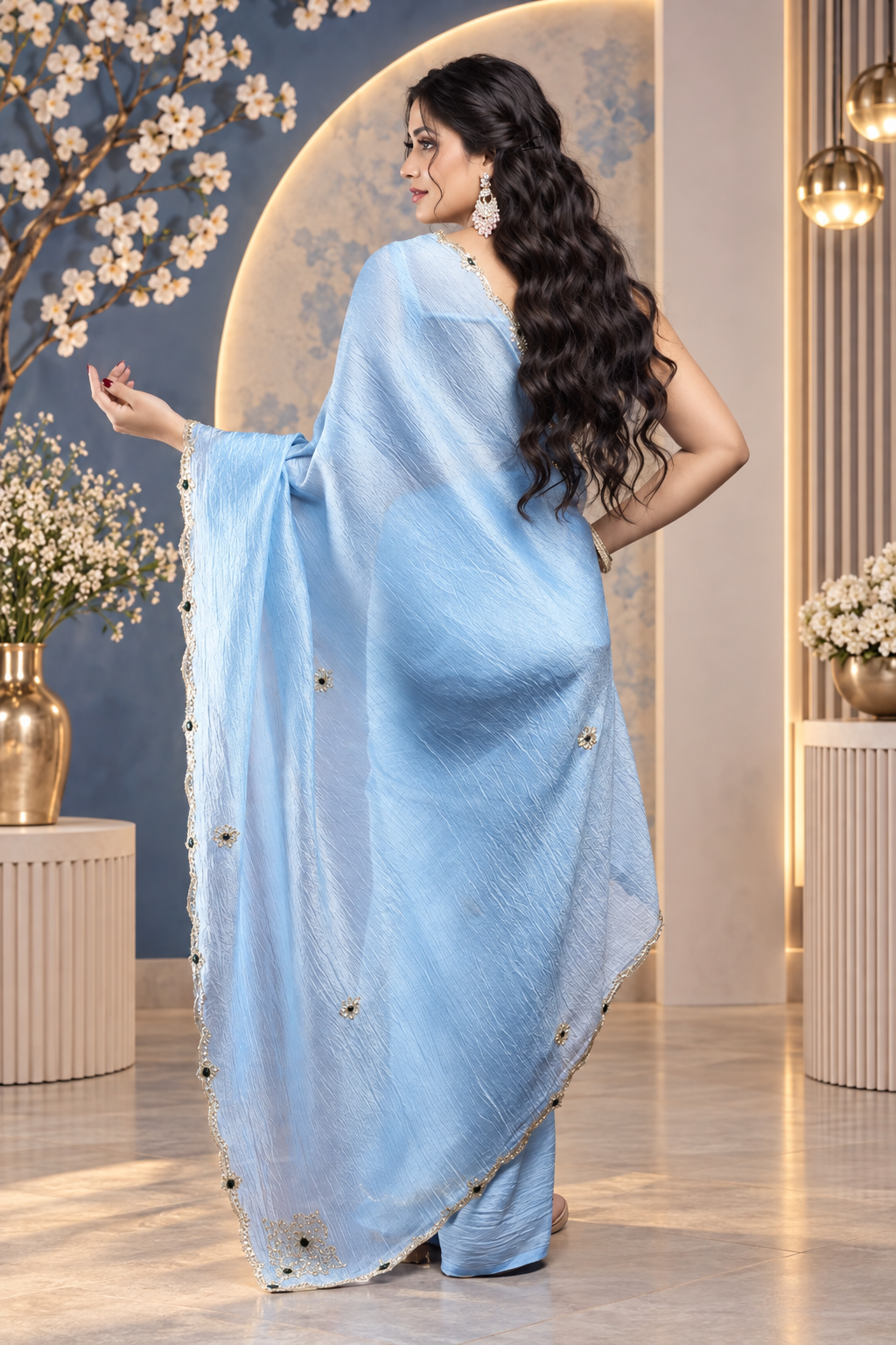 Navya – Sky Blue Crepe Tissue Silk Saree