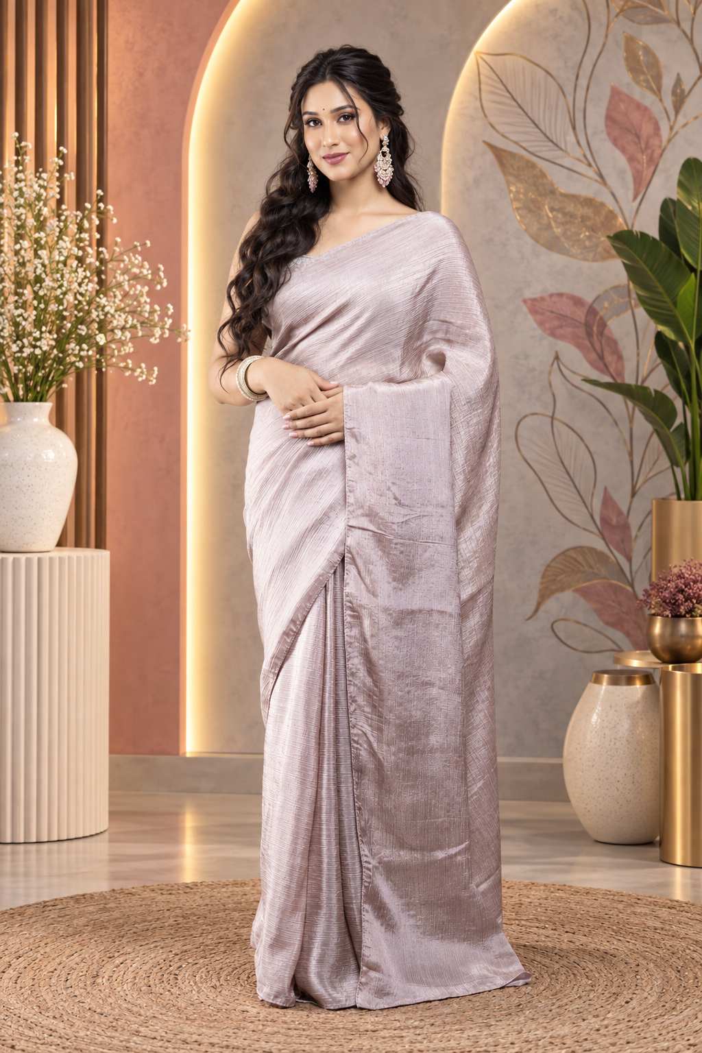 Gulmira – Dusty Pink Crepe Tissue Silk Saree