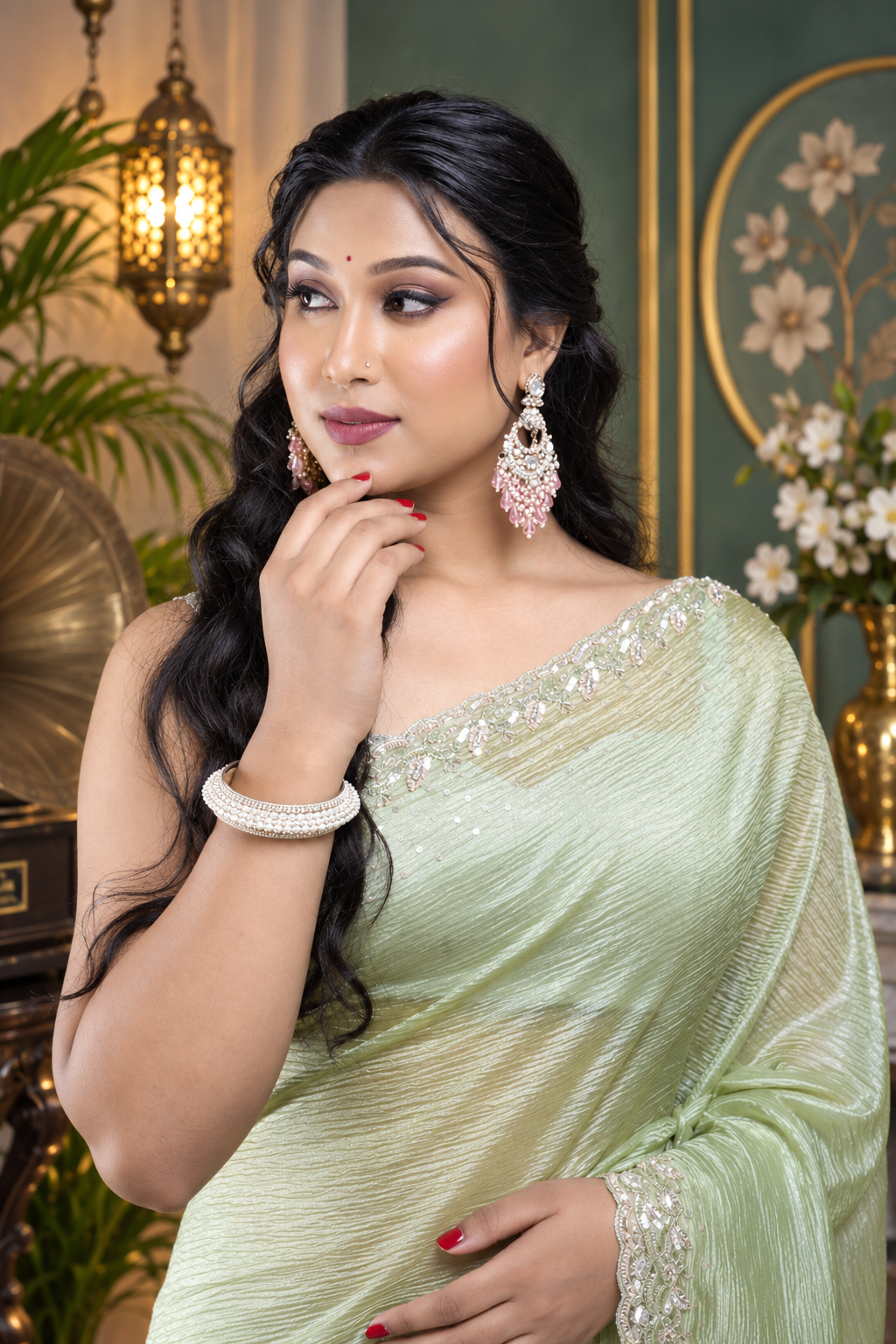Meethi Mirchi – Green Crepe Tissue Silk Saree