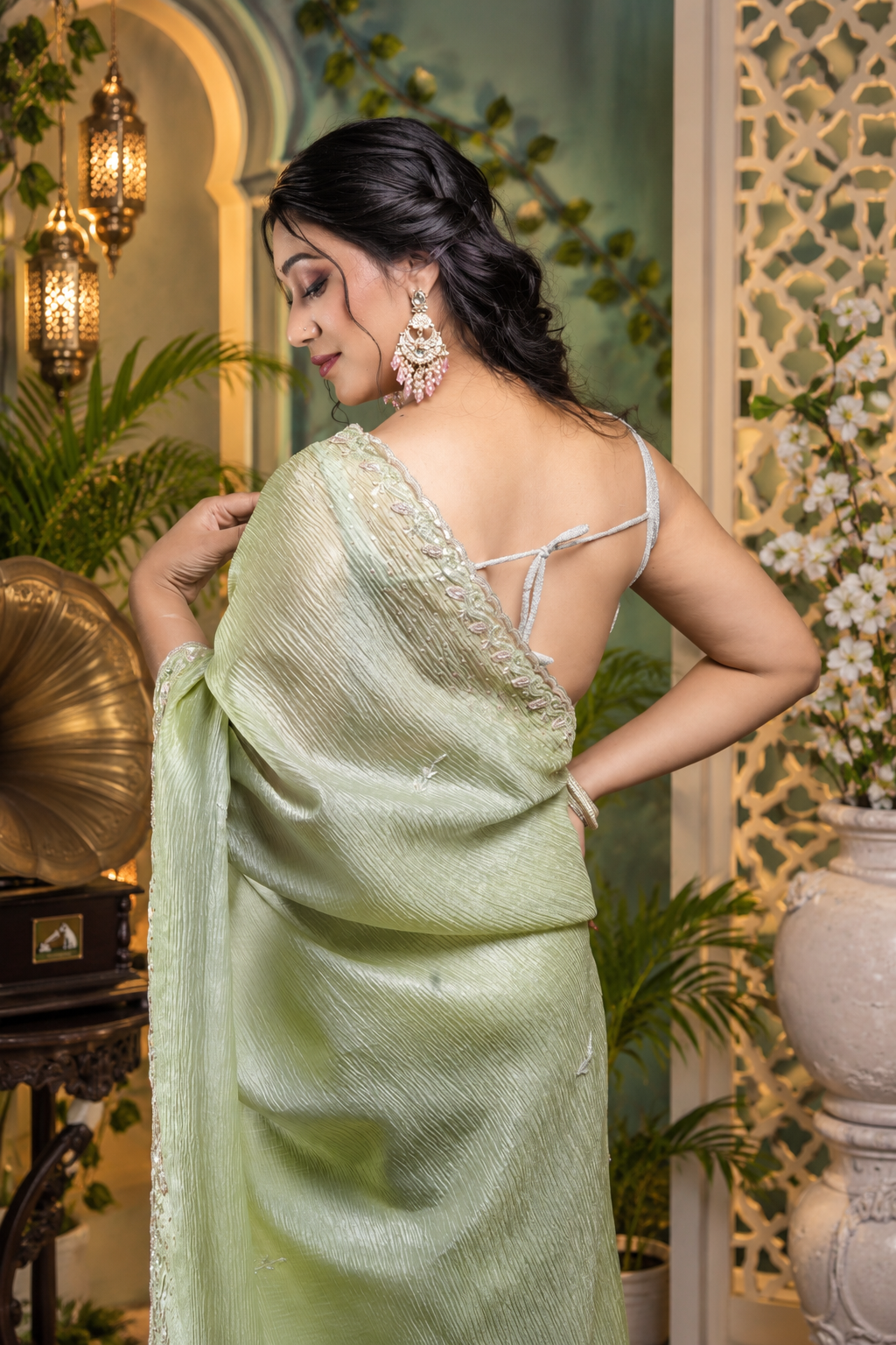 Meethi Mirchi – Green Crepe Tissue Silk Saree