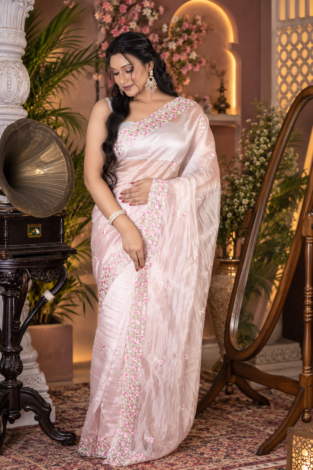 Blossom – Pink Crepe Organza Silk Saree