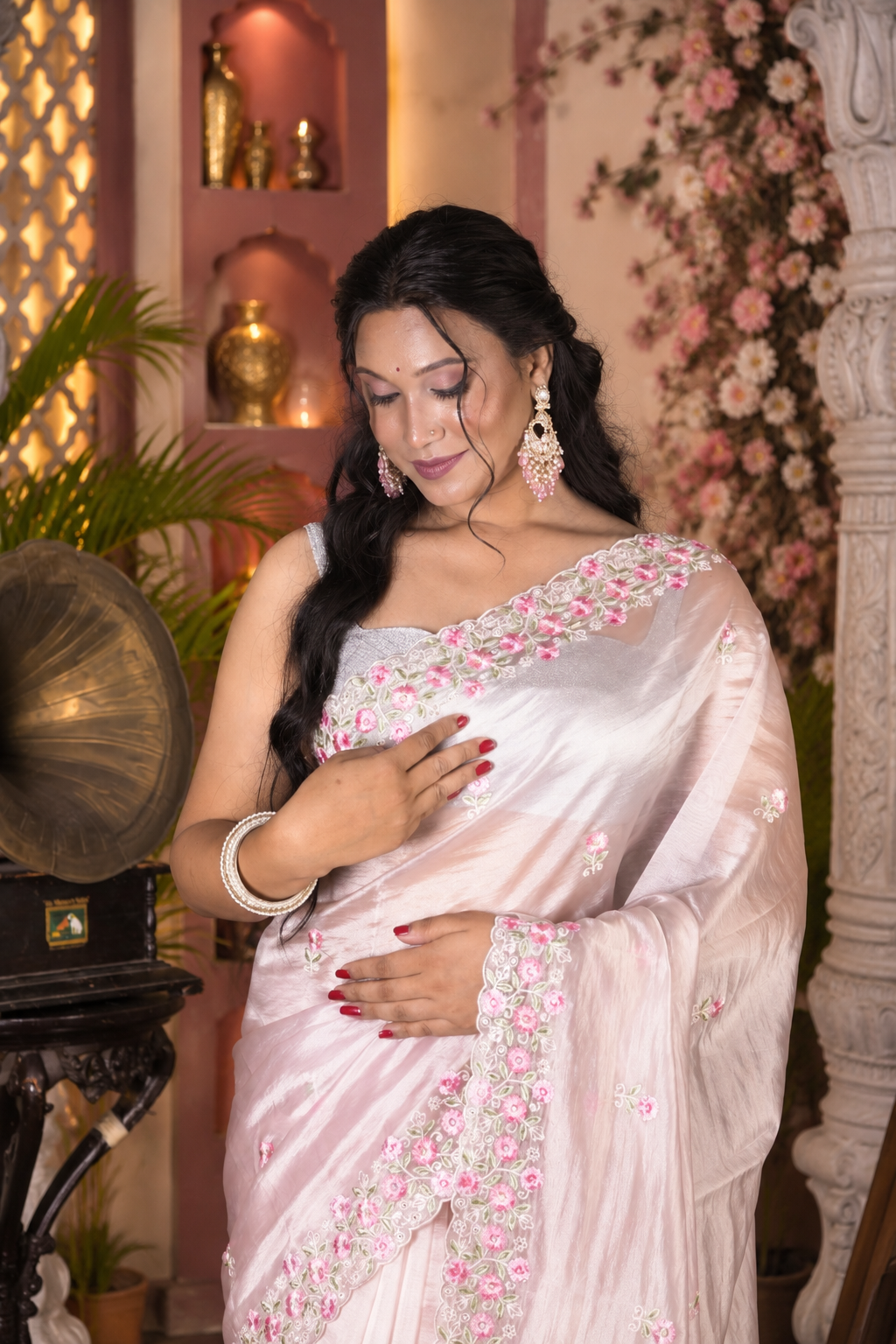Blossom – Pink Crepe Organza Silk Saree