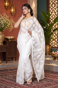 Parna – White Crepe Organza Silk Saree