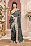 Floral Thread Work – Green Stripe Patten Saree
