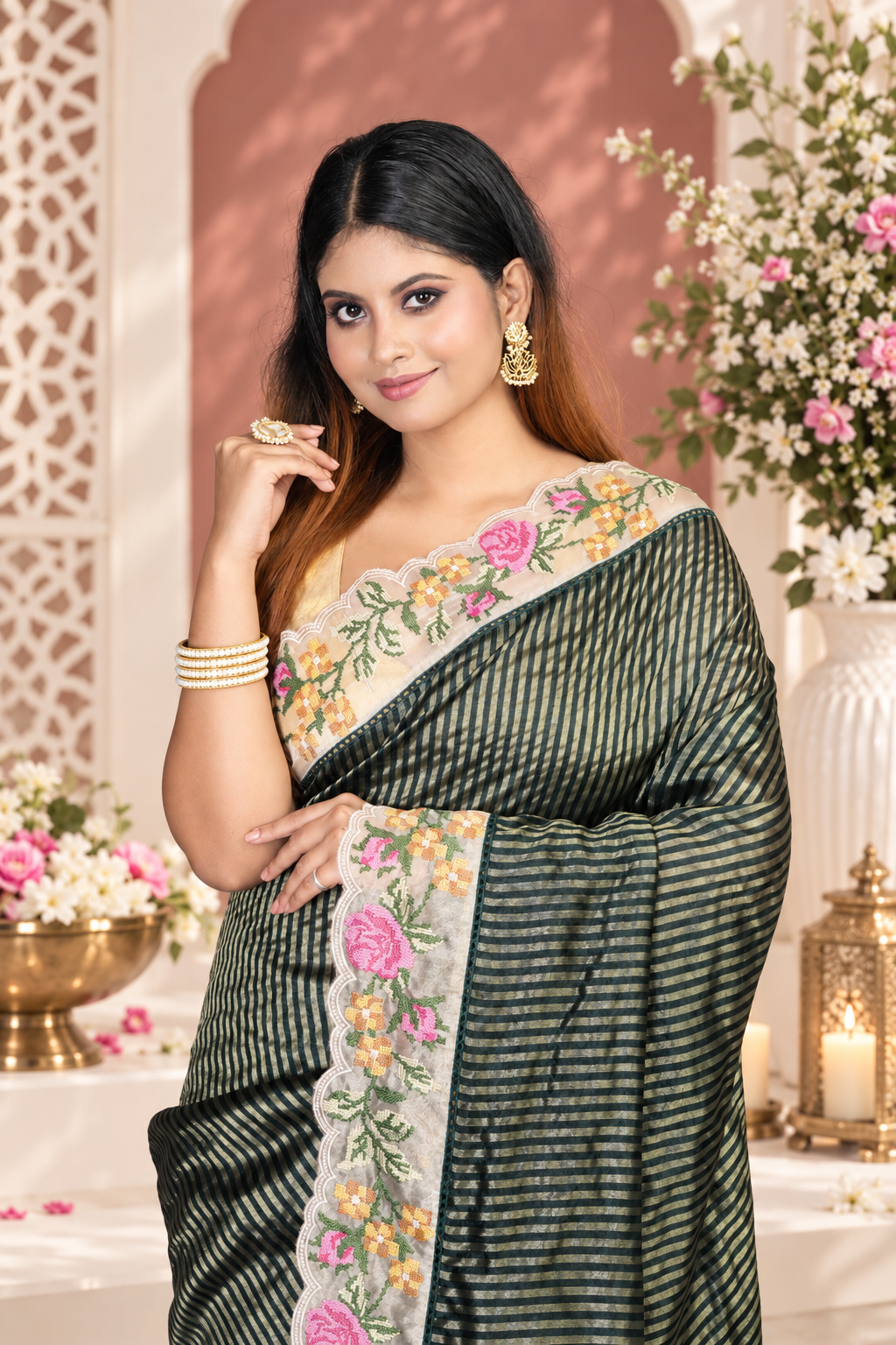 Floral Thread Work – Green Stripe Patten Saree