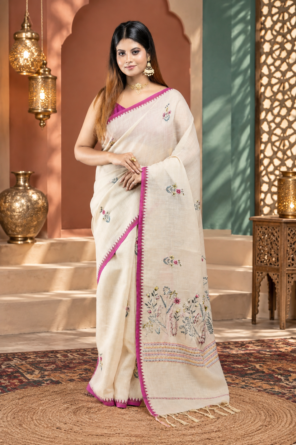 Mudrika – White & Pink Katan Cotton Silk Saree