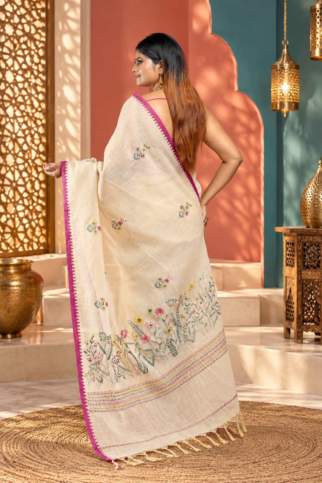 Mudrika – White & Pink Katan Cotton Silk Saree