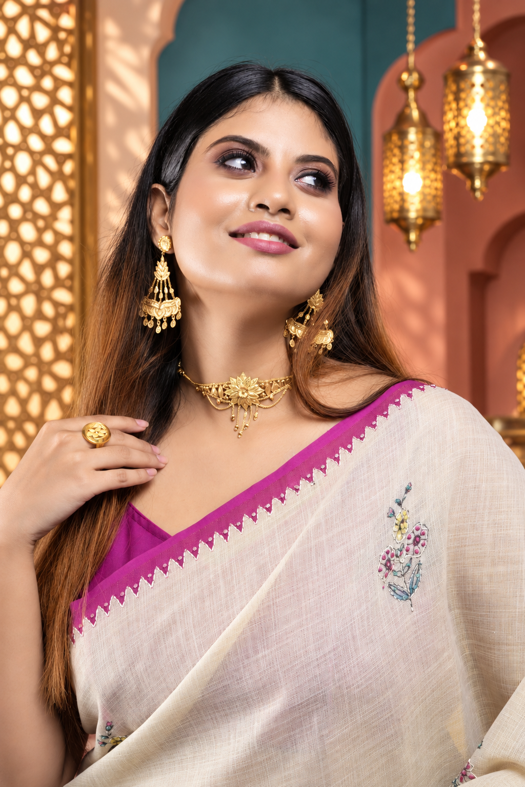 Mudrika – White & Pink Katan Cotton Silk Saree